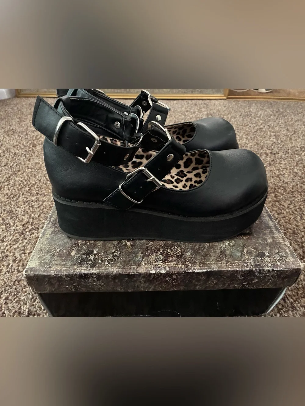 Demonia Black Platform Mary Jane Shoes with Buckle Straps